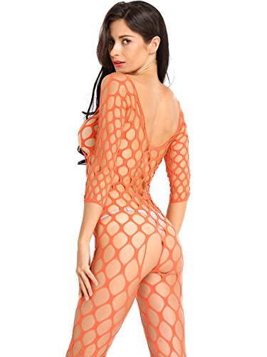 Amoretu Womens Fence Net Lingerie Full Bodysuits Crotchless Bodystocking Orange