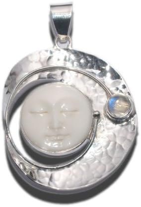 Serene Moon Face with Rainbow Moonstone Hammered Silver Pendant Sterling 925