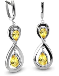 CleverEve Luxury Series One Pair Double Pear-Shaped Silver Earrings w/ 9mm & 7mm Genuine Pear Cut Citrine Stones