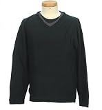 LOUIS CHAVLON ２枚組 無地 ニット ロンＴ メンズ 長袖 Vネック Tシャツ セーター アンサンブル (BLACK)