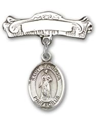 Sterling Silver Baby Badge with St. Barbara Charm and Arched Polished Badge Pin