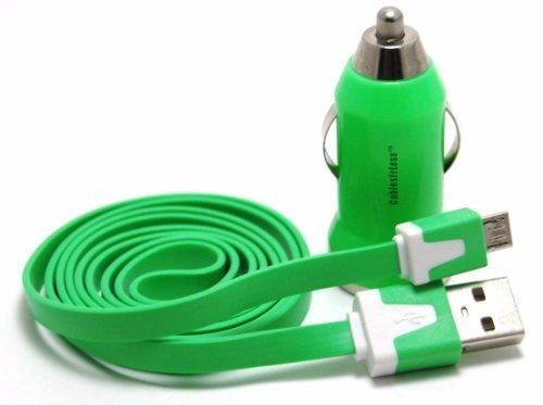 CablesFrLess (TM) Green 3ft Tangle Free Flat Noodle Micro USB Charging / Data Sync Cable + USB Car Adapter fits Android Samsung Galaxy S3 Siii S4 S 4 active Galaxy Tab Reverb Note 2 Pantech HTC One LG Optimus Motorola RAZR MAXX HD Kindle