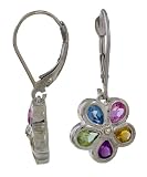 10K White Gold and Sterling Silver Multi Gemstone Flower Earrings