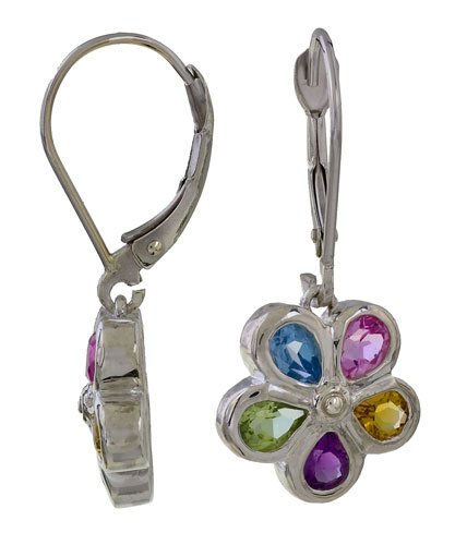 10K White Gold and Sterling Silver Multi Gemstone Flower Earrings