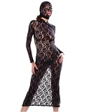 Fetish Fantasy Stretch Lace Gown, G-String & Hood Black O/S