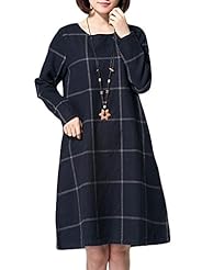 Round Neck Long Sleeves Cotton/Linen Plaid Print  Dress