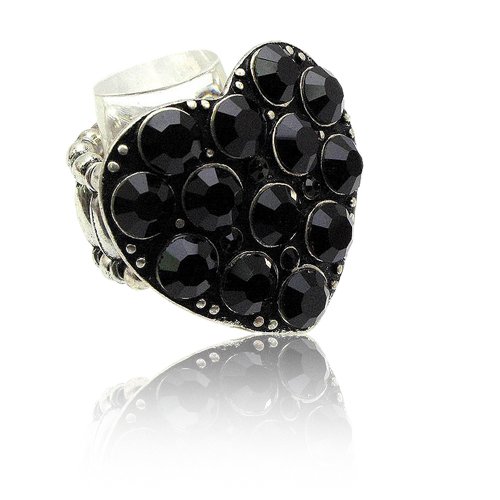 Chunky Black Crystal Studded Heart Stretch Ring