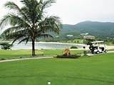Tropical Golf Course with Verdant Grass and Golf Cart on Path Stretched Canvas Poster Print, 30x40