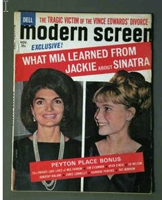 MODERN SCREEN november 1965 with Jackie and Mia Farrow on the cover.  Inside articles on Cary Grant, Patty Duke, Sean Connery all with rare photographs.