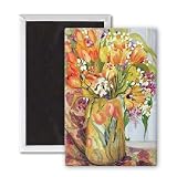 Tulips and Narcissi in an Art Nouveau Vase.. - 3x2 inch Fridge Magnet - large magnetic button - Magnet