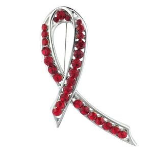 Red Rhinestone Ribbon Brooch Pin by