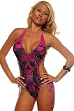 Pink Skull Tattoo Rhinestone Halter Monokini Bikini