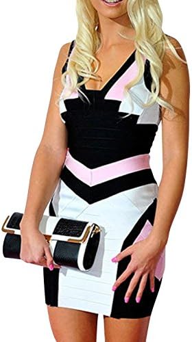 LGER Women's Sexy Hot Color Block V Neck Party Bandage Dress Mini Dress L
