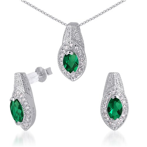 Childrens Toyshop  Jewelry : One of a Kind 2.25 carats Marqiuse Checkerboard Shape Created Emerald Pendant Earrings Set in Sterling Silver