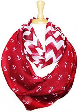 Women's Nautical Anchor Zigzag Chevron Infinity Scarf Light Weight 2 Loop Cowl Wrap (Red)