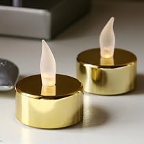 Battery LED Tea Lights with Amber Flicker. 6 x Gold Plated