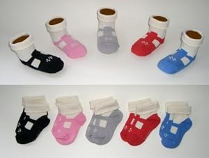 Baby Girl Shoe Socks Mary Jane Ruffles Gift Set, Funky Feet Newborn Infant Set in Black, Pink, Red, Blue & Gray (0-12 months, 5 pairs) Gift Wrap Available