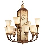 IMAGE OF Progress Lighting P4474-122 Twelve-Light, Two-Tier Chandelier with Vintage Parchment Glass and Iron Scroll Details, Aged Copper with Pietra accents