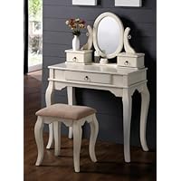 Vanity Set w/ Curved Leg Design Stool and Table in White Finish