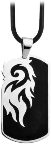 Inox Men's Black Stainless Steel Flame Dog Tag Pendant Necklace w/ Black Cord