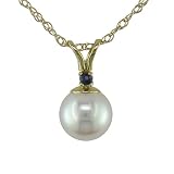 14k Gold Diamond and Freshwater Pearl Pendant with Sapphire Accent