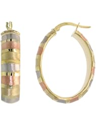10k, Rose White Yellow Tri-Color Gold Oval Snap-Post Italian Hoop Earrings, Vertical Stripe Pattern 1 5/16" (33mm) tall