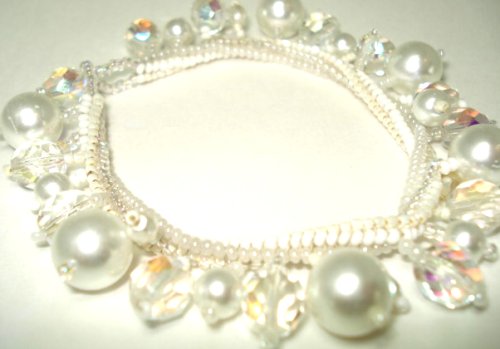 Click here to buy Crystal Pearl White Herringbone Bracelet Flexible Bridal Song - Fair Trade.