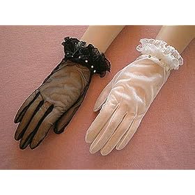 1 1/2-Button 15 Denier Stretch Sparkle Sheer Gloves Tricot Shortie with 2 rows of pleated ruffle cuff and rhinestones along the back side of the cuff, cuff extends just past the wrist bone.