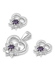Sterling Silver Love Heart Pendant and Earrings Jewelry Set with Amethyst and Clear CZ