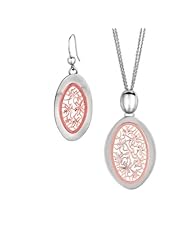 BRI Jewelry Sterling Silver Diamond Cut Rose Flowered Set - 32x45mm Pendant on 17" Double Cable Chain and 23x38mm Earrings
