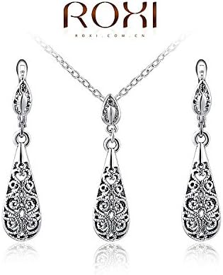 ROXI 18k Platinum Plated Antique Style Tear Drop Filigree Floral Pendant Necklace and Earring Click-top Hook Set