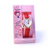 Urban Boundaries - Betty Boop Heart Shape Collectible Quartz Watch: Gold Color Heart Face / Red Leather Like Band