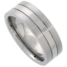 Titanium 7 mm (9/32 in.) Comfort Fit Flat Wedding Band Ring Stripe Center (Available in Sizes 7 to14): Jewelry