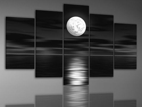 Zartsy 100% Hand Painted Abstract Landscape Black Sea White Full Moon Night Artwork Home Wall Decor Art Oil Paintings on Canvas with Stretched Wood Frame Large Oversized by Zartsy