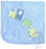 Lambs and Ivy Embroidered Faux Fur Blanket with Train Blue