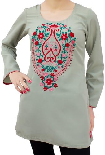 Starlite~Ladies Indian Kurta Tops-Long Sleeve Embroidered Green Wash n Wear Kurti Top-M