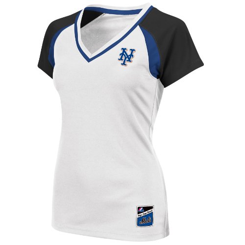 MLB New York Mets Women's Short Sleeve Raglan Deep V-Neck Synthetic Tee (White/Black/Deep Royal, Large)