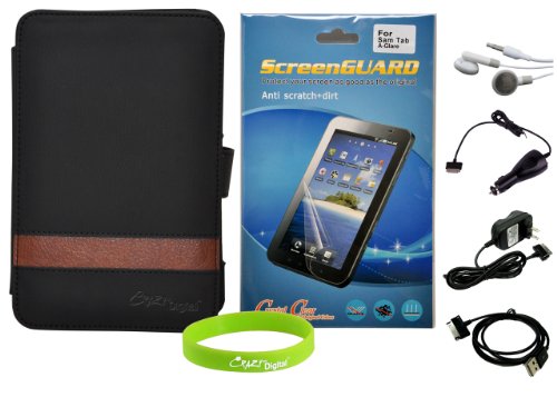 CrazyOnDigital 7 Item Black Leather Case Accessory Bundle for Samsung Galaxy Tab P1000 Tablet