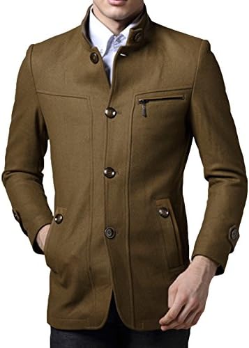 FGYP Men's Stand Collar Single Breasted Wool Khaki Tunic Blazer Trench Coat 2XL