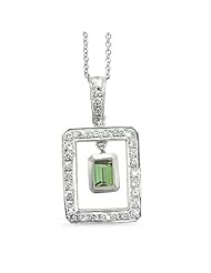 Twin Rectangular Shaped Diamond Pendant In 18K White Gold With A 0.60 ct. Genuine Green Tourmaline Center Stone.