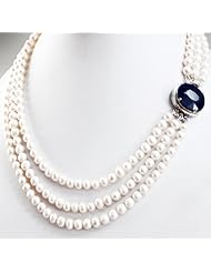Handcrafted 3 Rows Natural Fresh Water Pearl Beaded Designer Necklace with 925 Sterling Silver Oval Sapphire Clasp