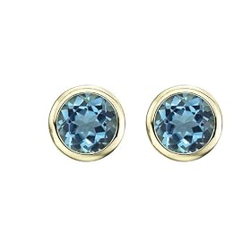 14K Yellow Gold Bezel Set Blue Topaz Earring Studs by Katarina Jewelry