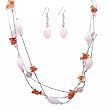 Necklace - N341 - Triple Strand ~ Rose Quartz and Lt Cherry Quartz Stones and Glass Beads + Matching Earrings
