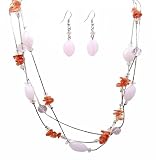 Necklace - N341 - Triple Strand ~ Rose Quartz and Lt Cherry Quartz Stones and Glass Beads + Matching Earrings