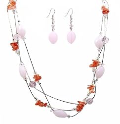 Necklace - N341 - Triple Strand ~ Rose Quartz and Lt Cherry Quartz Stones and Glass Beads + Matching Earrings