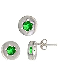 Sterling Silver Jewish Star of David Stud Earrings (9mm) & Pendant Slide (9mm) Set, w/ Brilliant Cut Emerald-colored CZ Stones