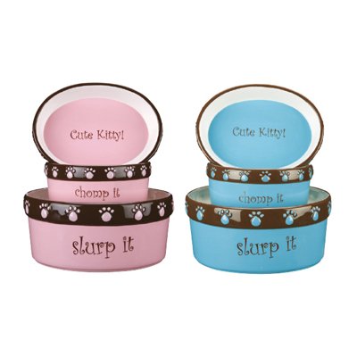 Say it Loud High-Gloss Ceramic Dog Bowl-Oval Cat - Blue