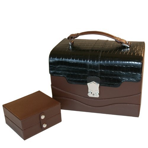 Paylak TS390BROWN Leather Expresso Croco Trim Lock Jewelry Box with Matching Travel Case Tech Swiss