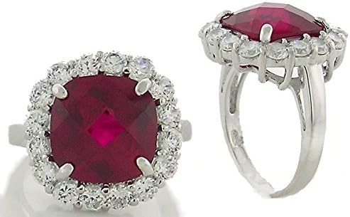 3.87 TCW Cushion Cut Ruby CZ with Clear Round CZ Surround Designer Sterling Silver Ring (7)