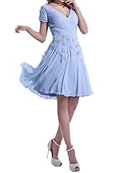 Modest V-neck Lace Chiffon Short Sleeves Evening Dress/Party Dress 